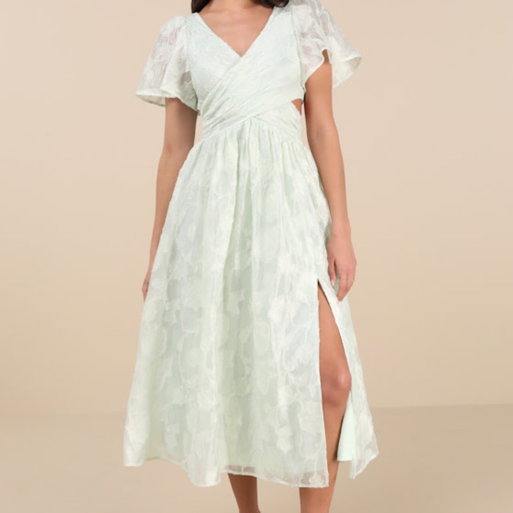 Lulus Hilly Light Mint Floral Jacquard Lace-up Midi Dress Green - Size XS - Picture 1 of 1